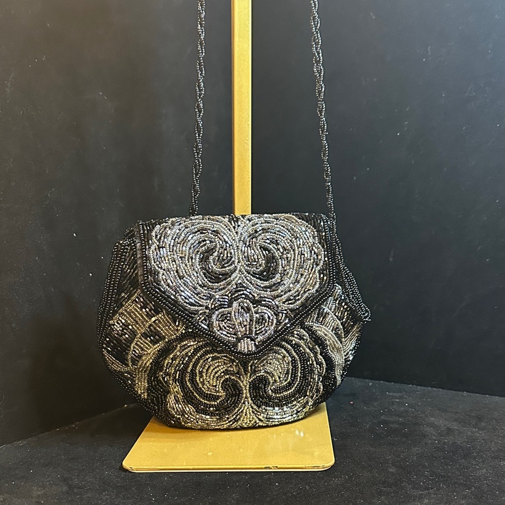La Regale Elegant Black and Silver Beaded Evening Bag - Picture 1 of 9